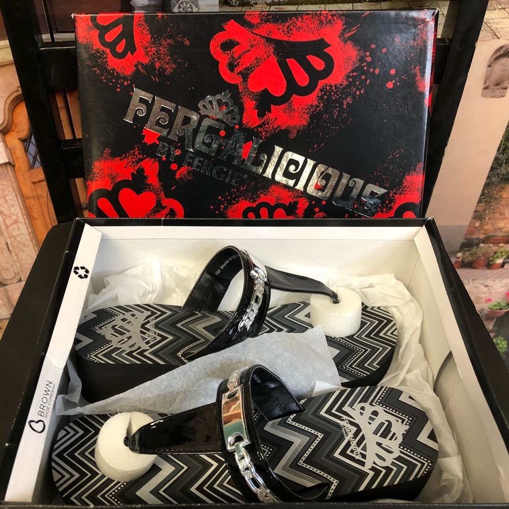 Fergalicious by Fergie Shoes Black and White Chevron Pattern Wedge Sandals